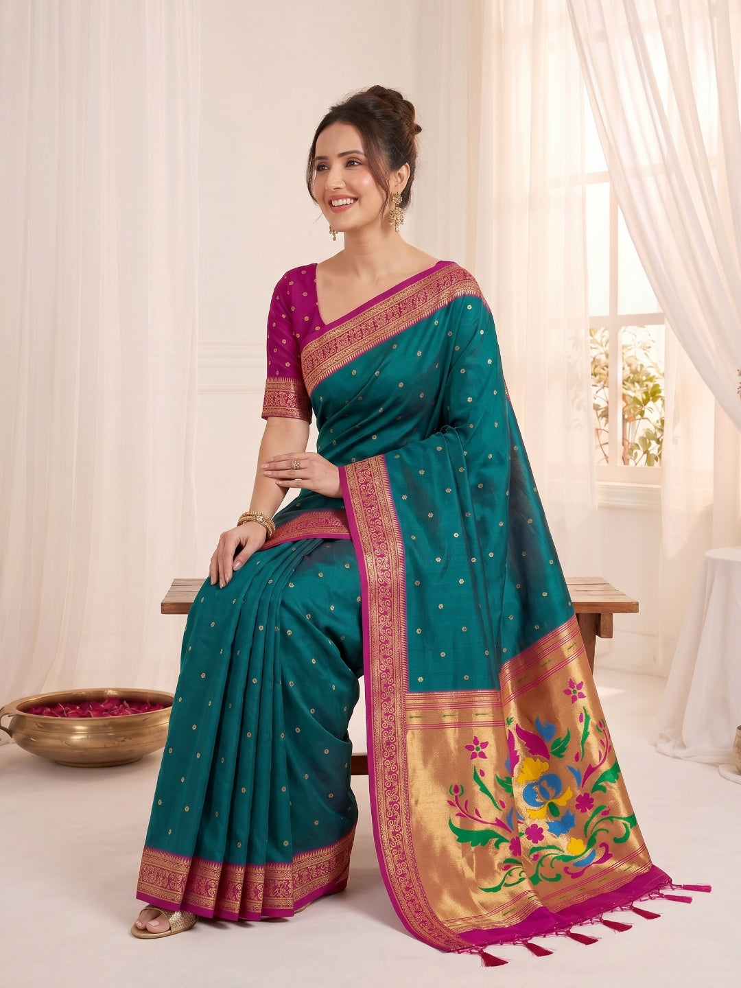 Women's Paithani Silk Saree With Unstitched Blouse Piece