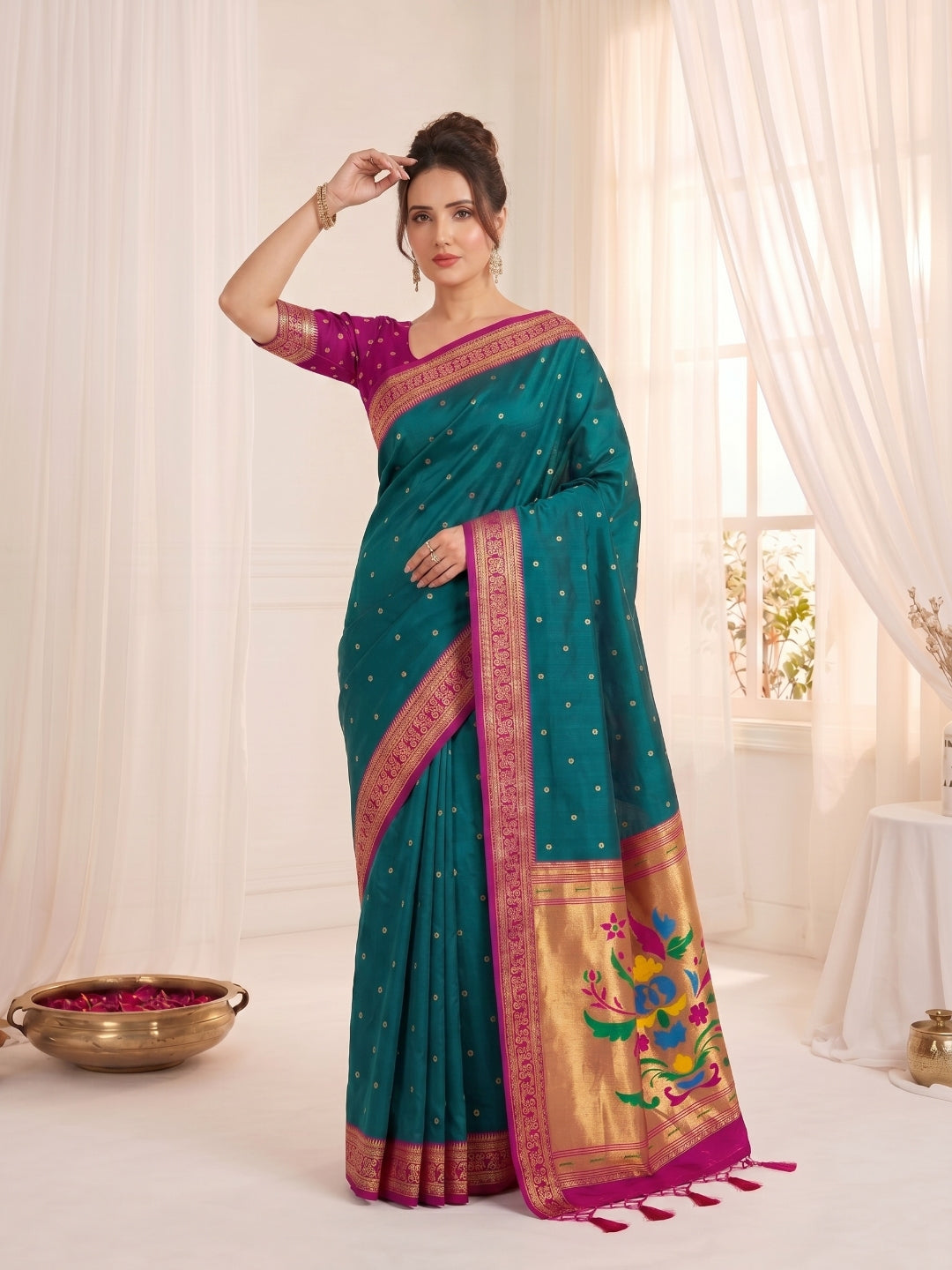 Women's Paithani Silk Saree With Unstitched Blouse Piece