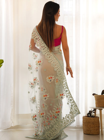 Women's Net Embroidery Work Saree With Unstitched Blouse Piece