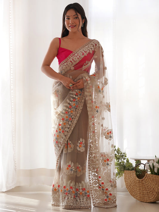 Women's Net Embroidery Work Saree With Unstitched Blouse Piece