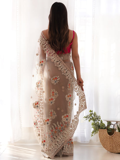 Women's Net Embroidery Work Saree With Unstitched Blouse Piece