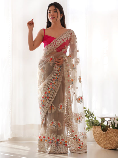 Women's Net Embroidery Work Saree With Unstitched Blouse Piece
