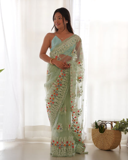 Women's Net Embroidery Work Saree With Unstitched Blouse Piece
