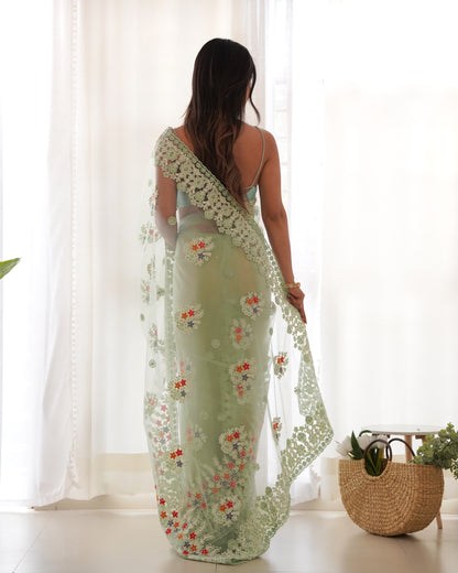 Women's Net Embroidery Work Saree With Unstitched Blouse Piece