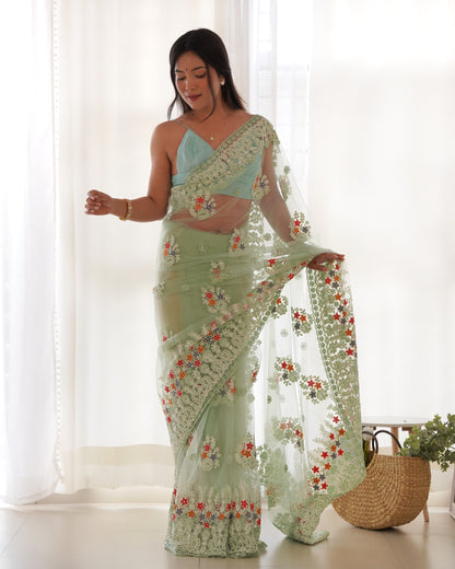 Women's Net Embroidery Work Saree With Unstitched Blouse Piece