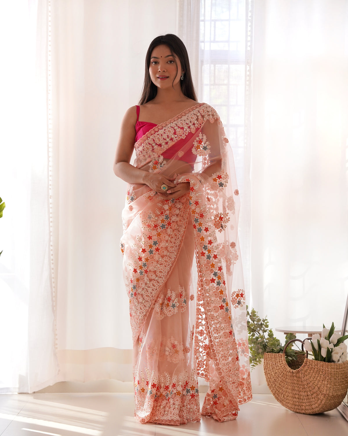Women's Net Embroidery Work Saree With Unstitched Blouse Piece