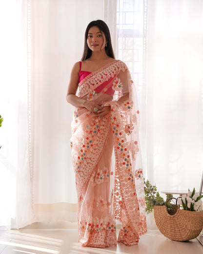Women's Net Embroidery Work Saree With Unstitched Blouse Piece