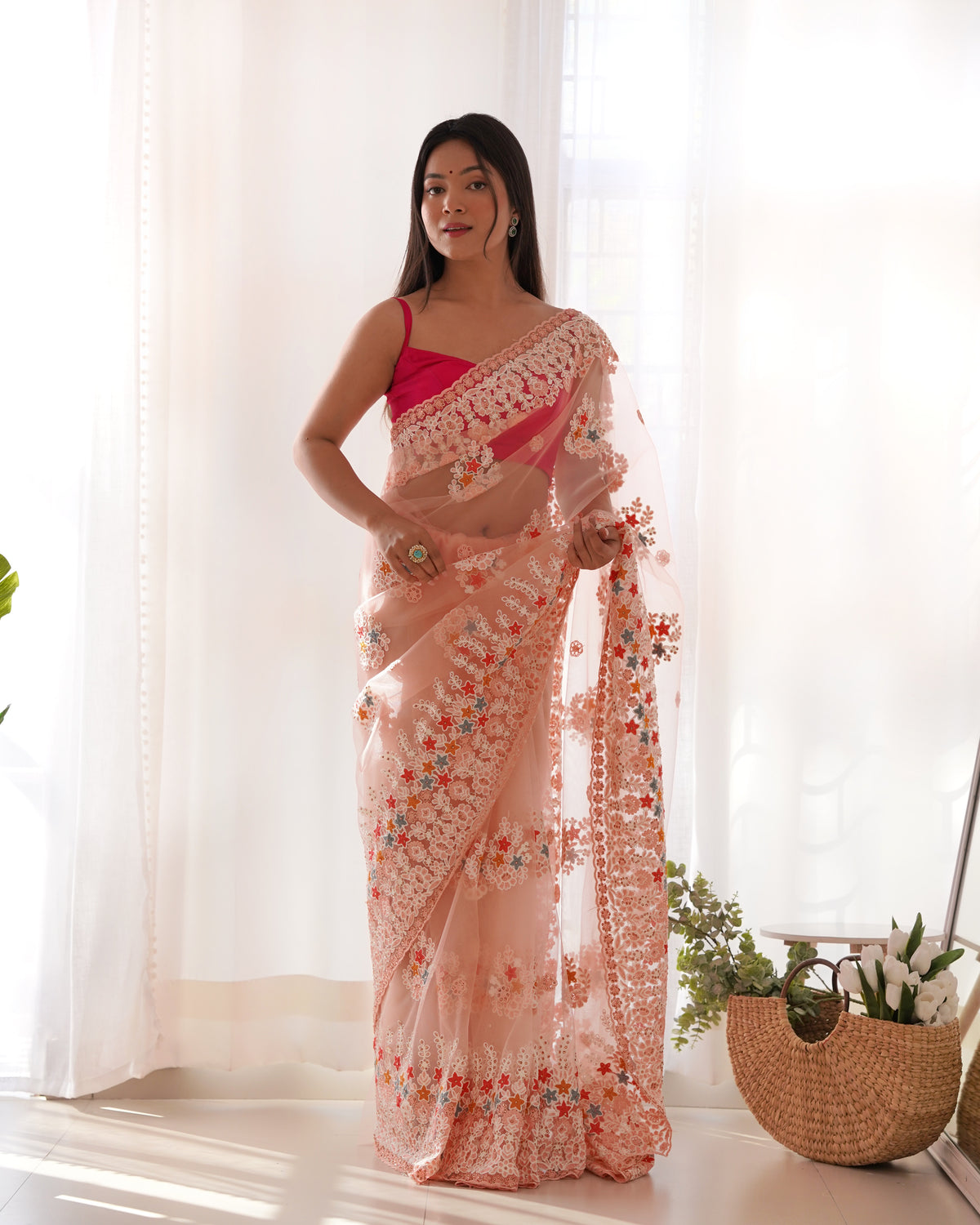 Women's Net Embroidery Work Saree With Unstitched Blouse Piece