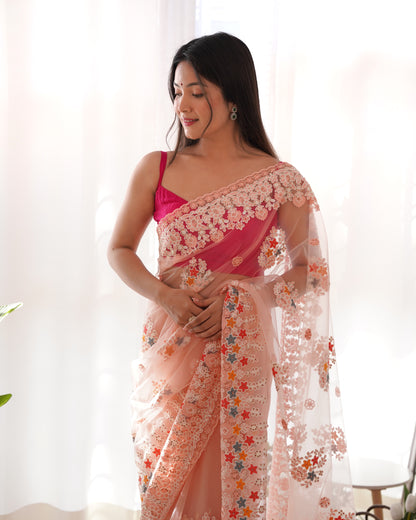 Women's Net Embroidery Work Saree With Unstitched Blouse Piece