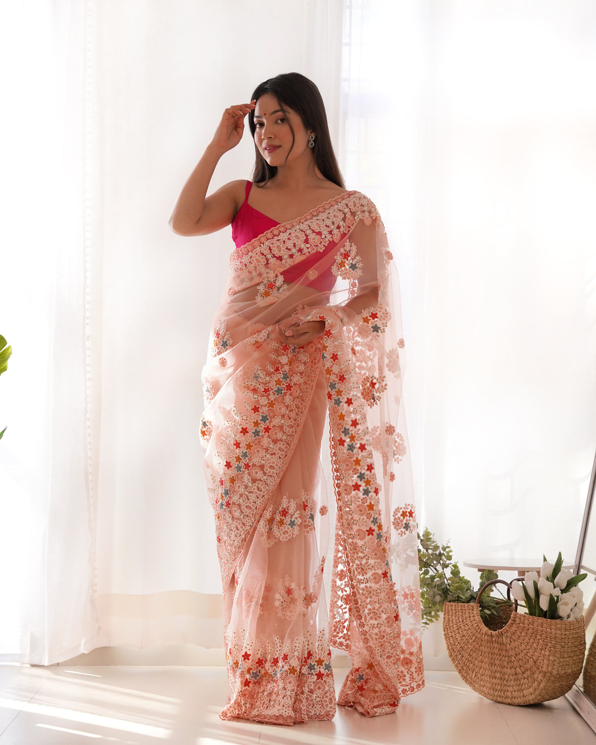 Women's Net Embroidery Work Saree With Unstitched Blouse Piece