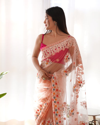 Women's Net Embroidery Work Saree With Unstitched Blouse Piece