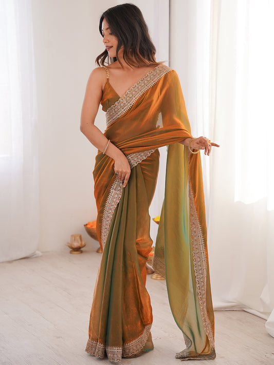 Women's Fendy Satin Saree With Unstitched Blouse Piece