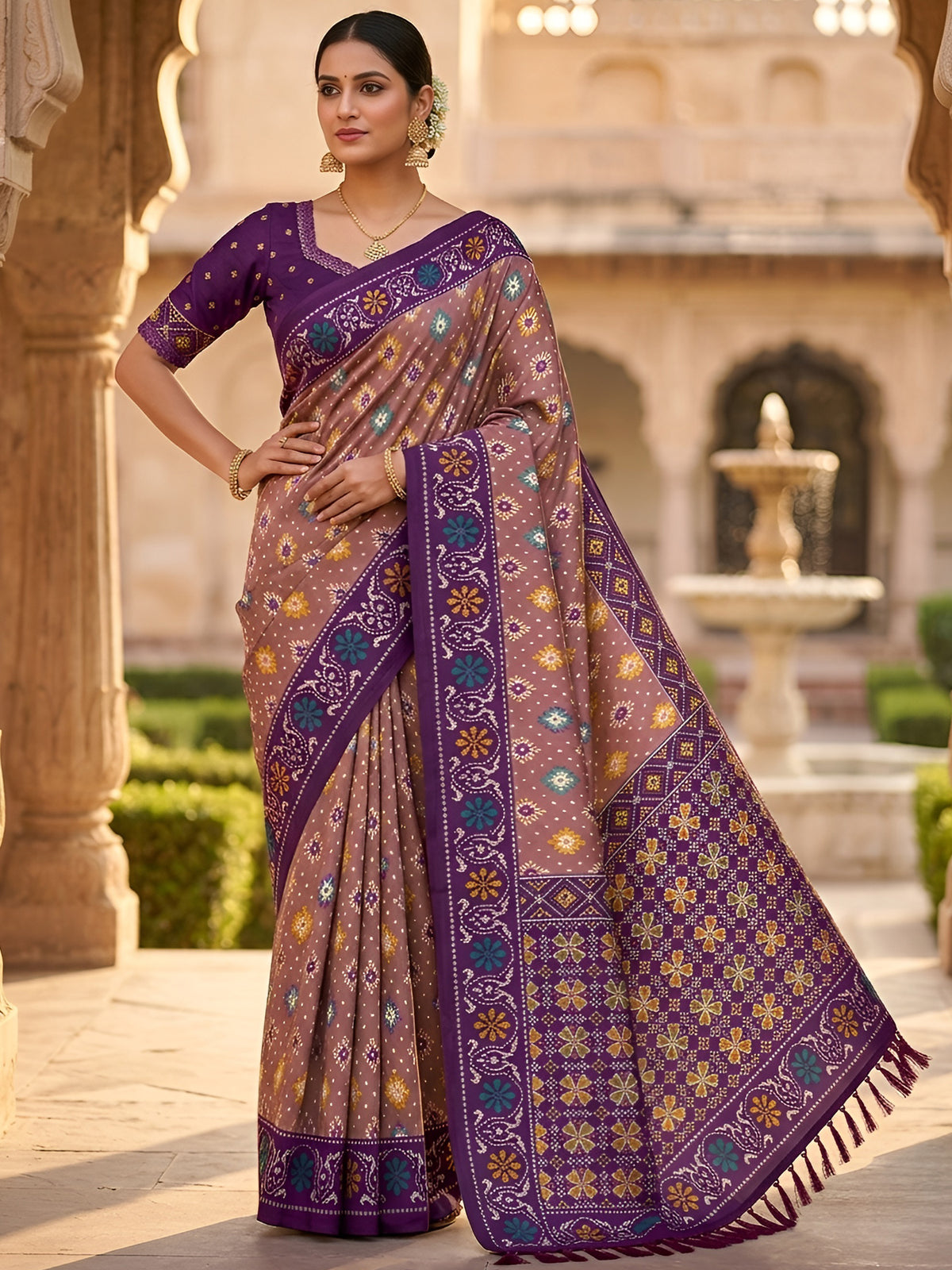 Women's Patola Silk Saree With Unstitched Blouse Piece