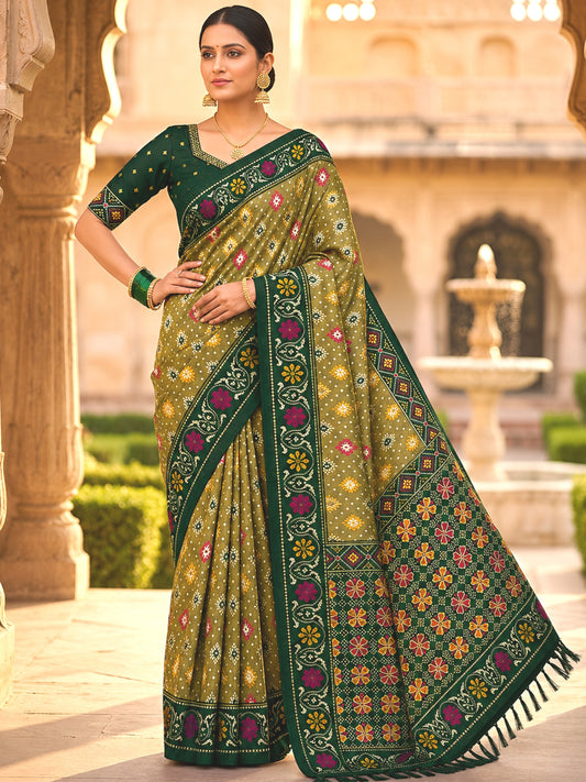 Women's Patola Silk Saree With Unstitched Blouse Piece