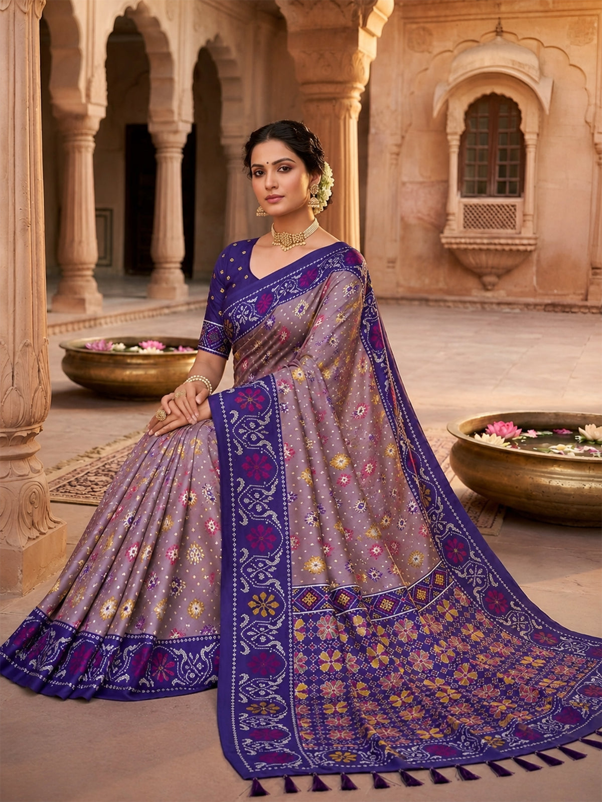 Women's Patola Silk Saree With Unstitched Blouse Piece