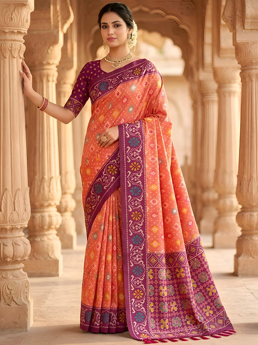 Women's Patola Silk Saree With Unstitched Blouse Piece