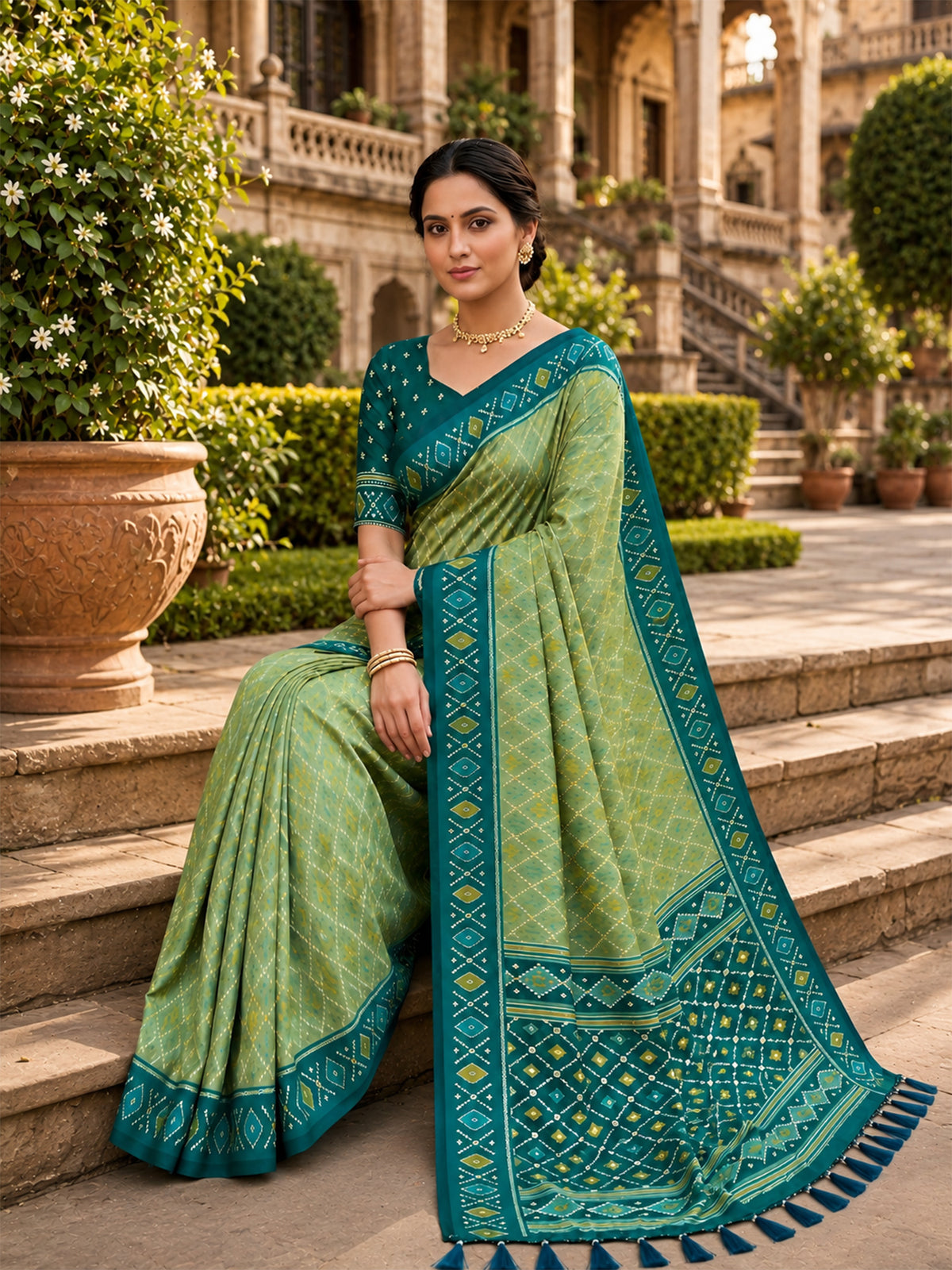 Women's Patola Silk Saree With Unstitched Blouse Piece
