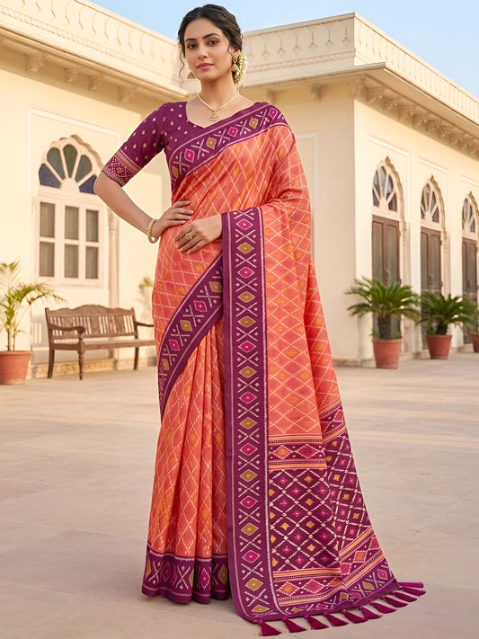 Women's Patola Silk Saree With Unstitched Blouse Piece