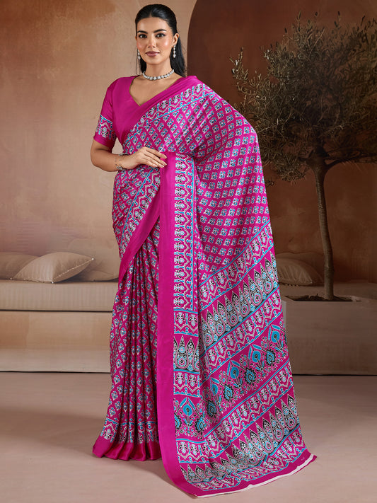 Women's Satin Georgette Saree With Unstitched Blouse Piece
