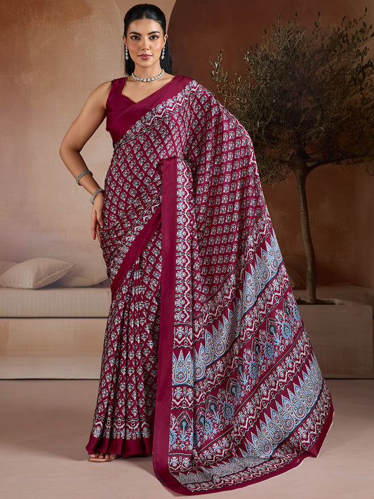 Women's Satin Georgette Saree With Unstitched Blouse Piece