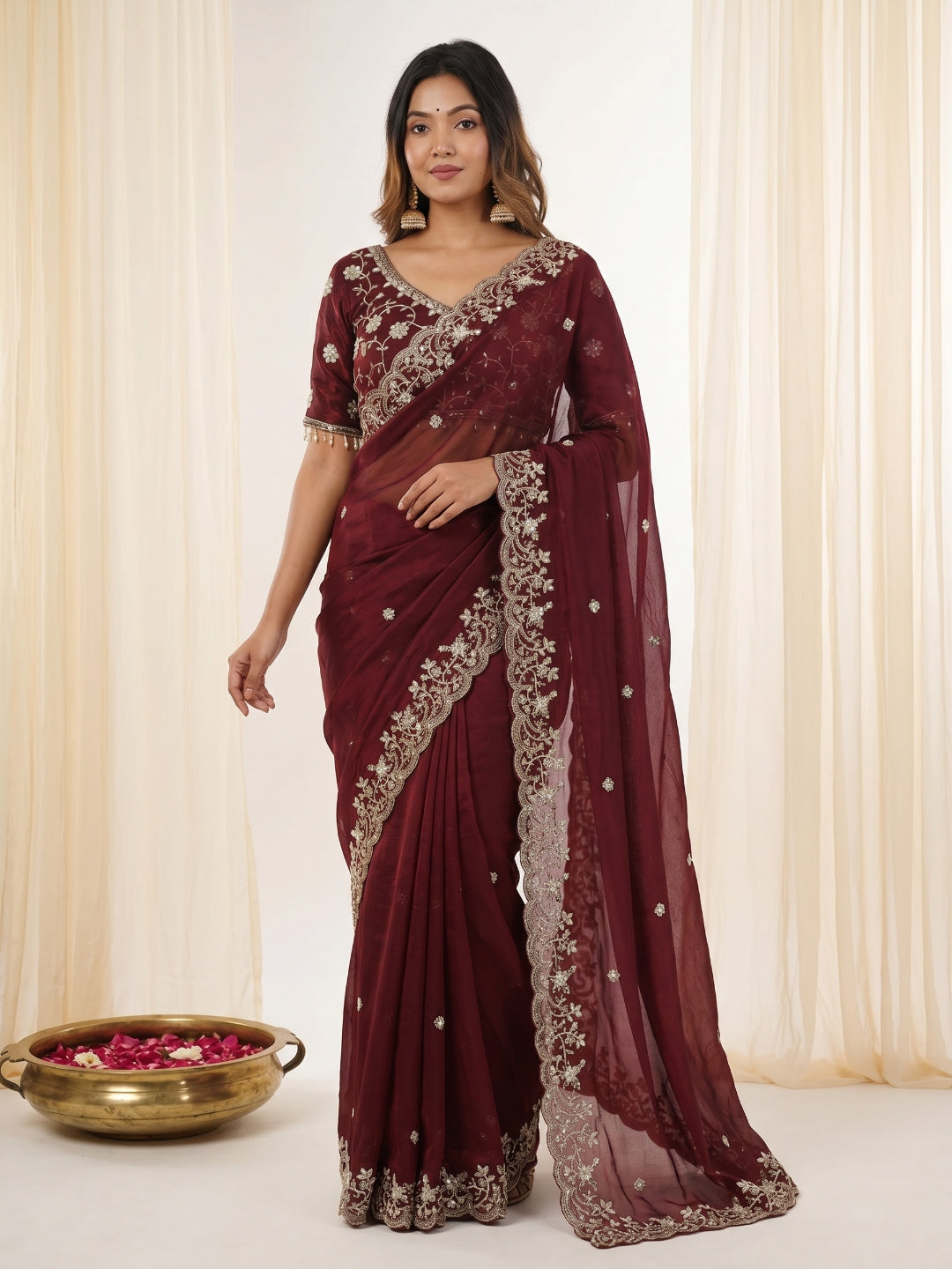 Women's Fendy Satin Silk Saree With Stitched Blouse Piece