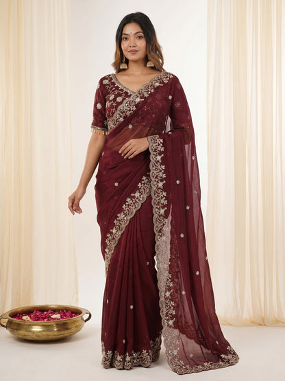 Women's Fendy Satin Silk Saree With Stitched Blouse Piece