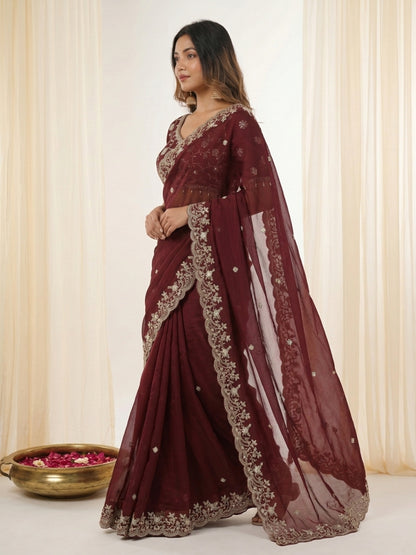 Women's Fendy Satin Silk Saree With Stitched Blouse Piece