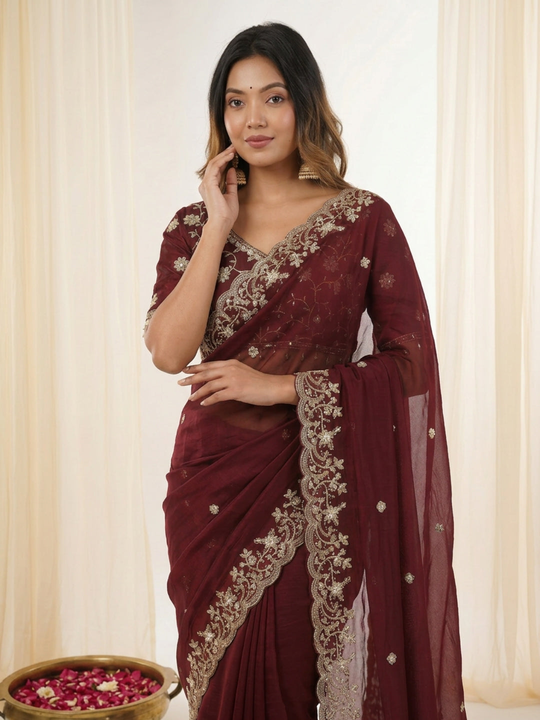 Women's Fendy Satin Silk Saree With Stitched Blouse Piece