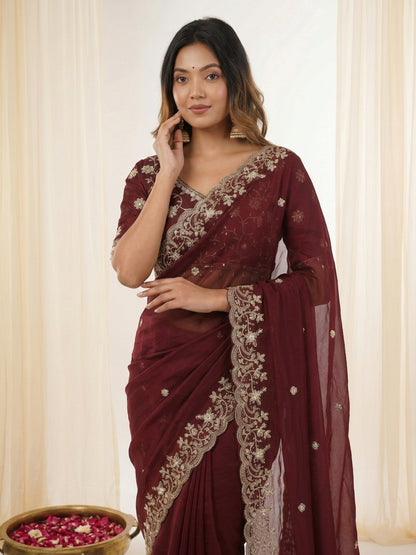 Women's Fendy Satin Silk Saree With Stitched Blouse Piece