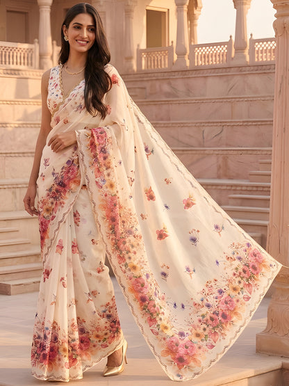 Women's Silver Cotton Saree With Unstitched Blouse Piece