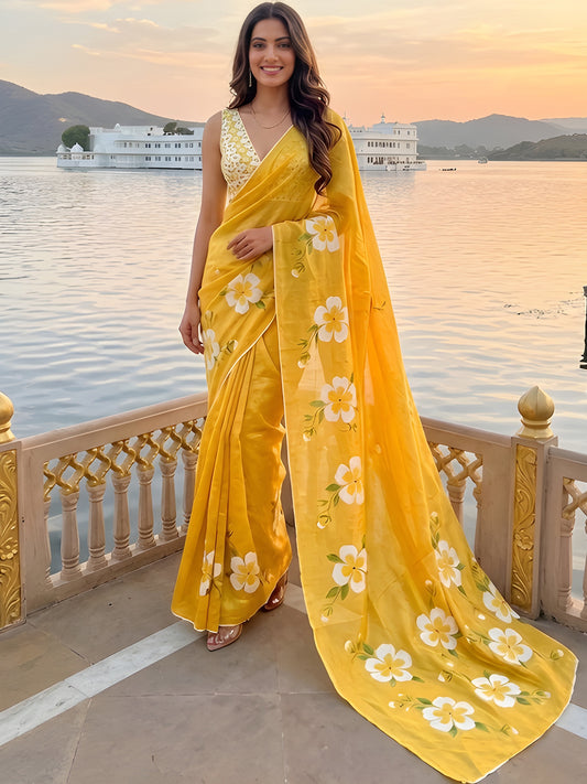 Women's Silver Cotton Saree With Unstitched Blouse Piece