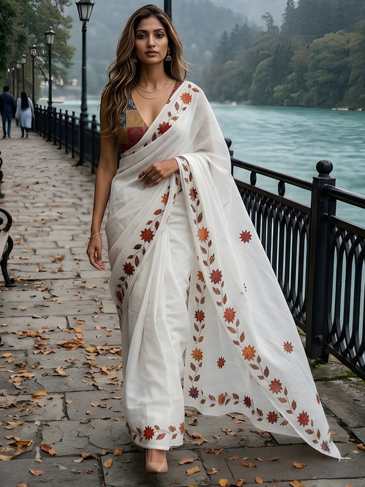 Women's Silver Cotton Saree With Unstitched Blouse Piece