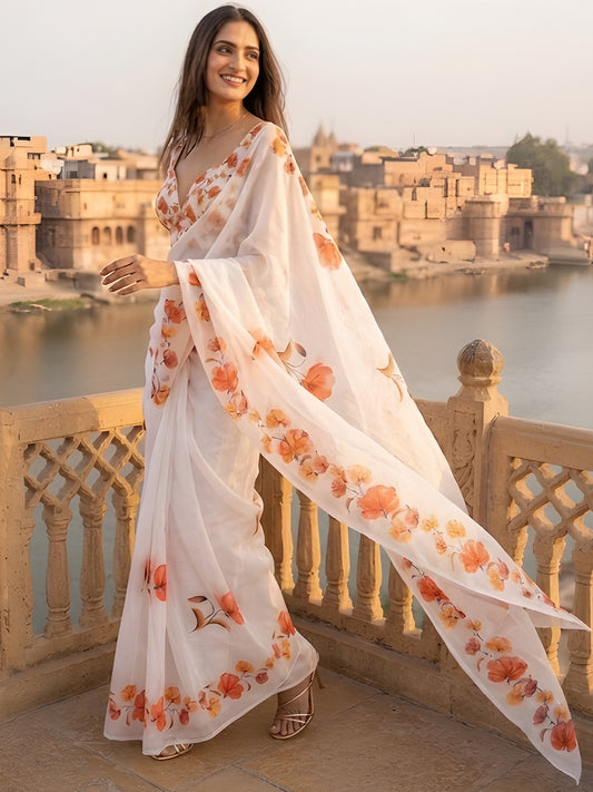 Women's Silver Cotton Saree With Unstitched Blouse Piece