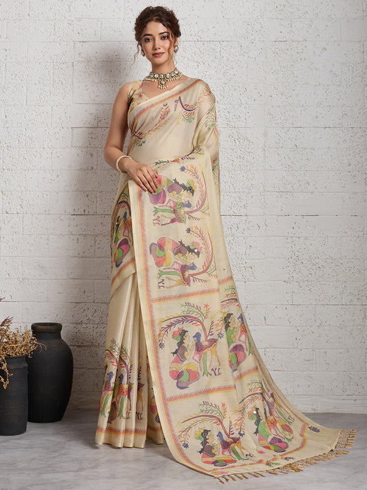 Women's Linen Printed Saree With Unstitched Blouse Piece
