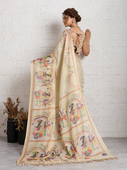 Women's Linen Printed Saree With Unstitched Blouse Piece