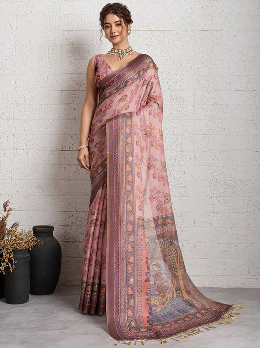 Women's Linen Printed Saree With Unstitched Blouse Piece