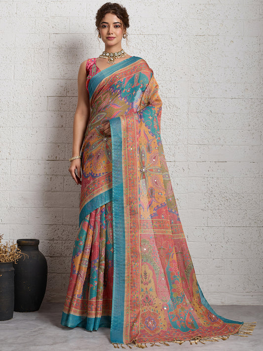 Women's Linen Printed Saree With Unstitched Blouse Piece