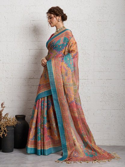 Women's Linen Printed Saree With Unstitched Blouse Piece