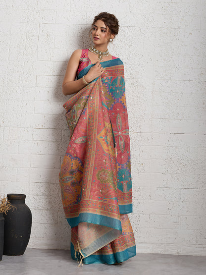 Women's Linen Printed Saree With Unstitched Blouse Piece
