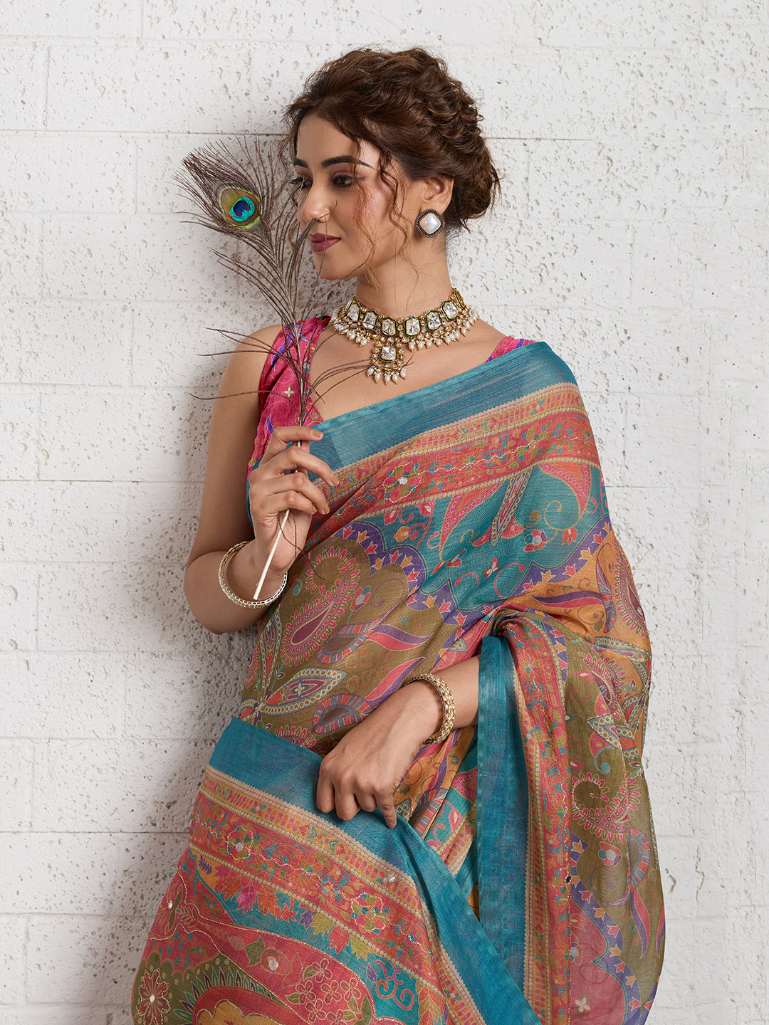 Women's Linen Printed Saree With Unstitched Blouse Piece