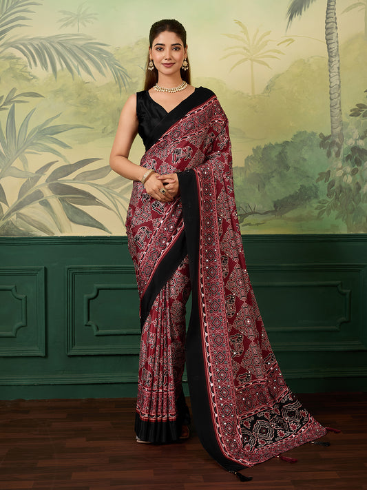 Women's Chinon Silk Saree With Unstitched Blouse Piece