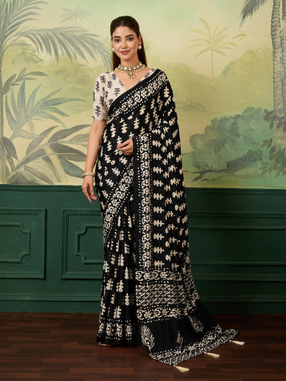 Women's Chinon Silk Saree With Unstitched Blouse Piece