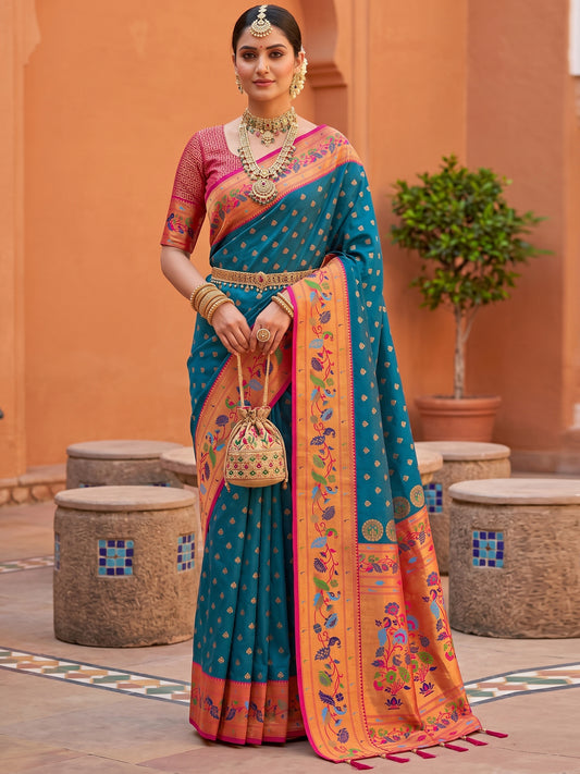 Women's Paithani Silk Saree With Unstitched Blouse Piece
