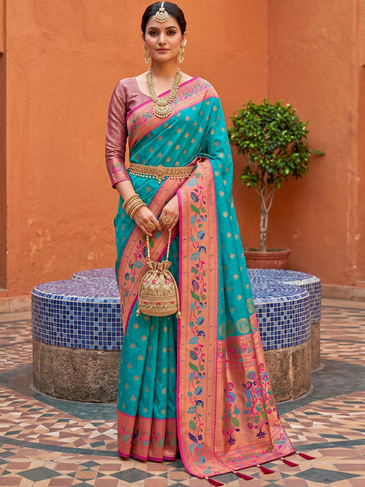 Women's Paithani Silk Saree With Unstitched Blouse Piece