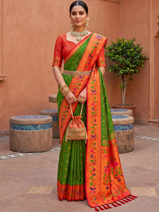 Women's Paithani Silk Saree With Unstitched Blouse Piece