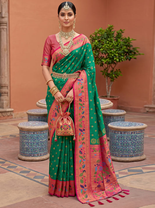 Women's Paithani Silk Saree With Unstitched Blouse Piece