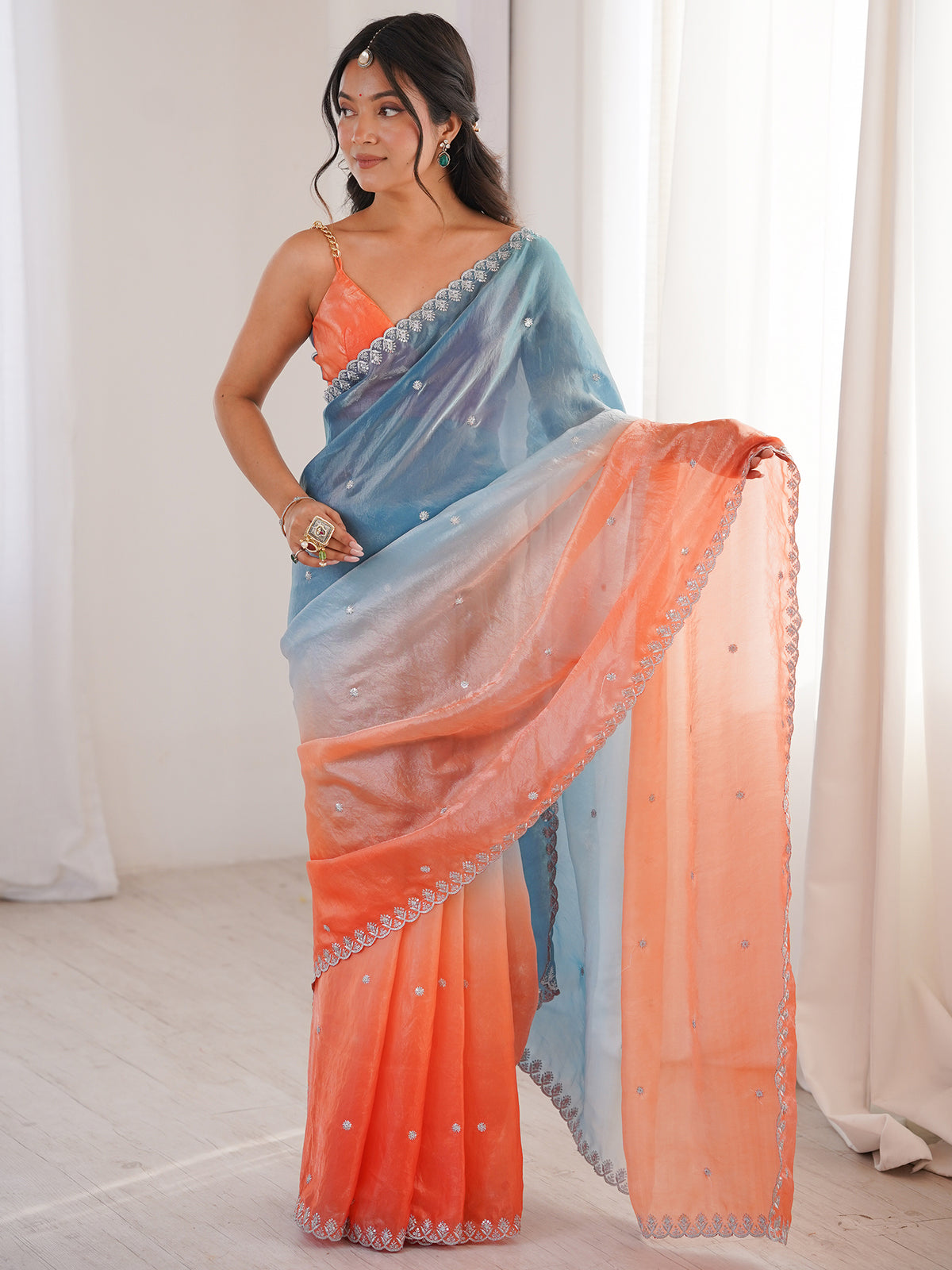 Women's Fendy Satin Saree With Unstitched Blouse Piece