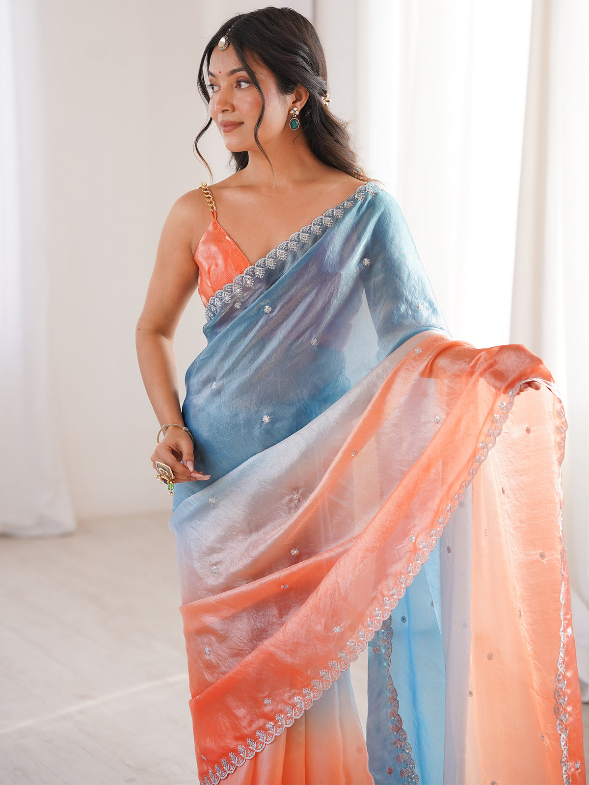 Women's Fendy Satin Saree With Unstitched Blouse Piece