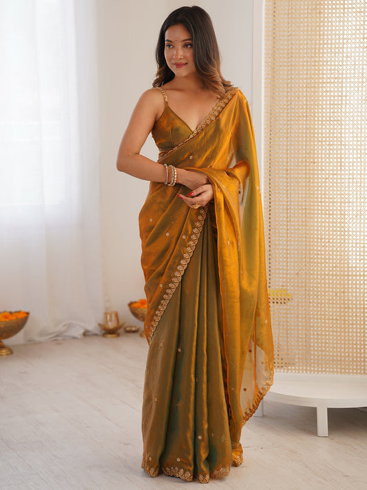 Women's Fendy Satin Saree With Unstitched Blouse Piece