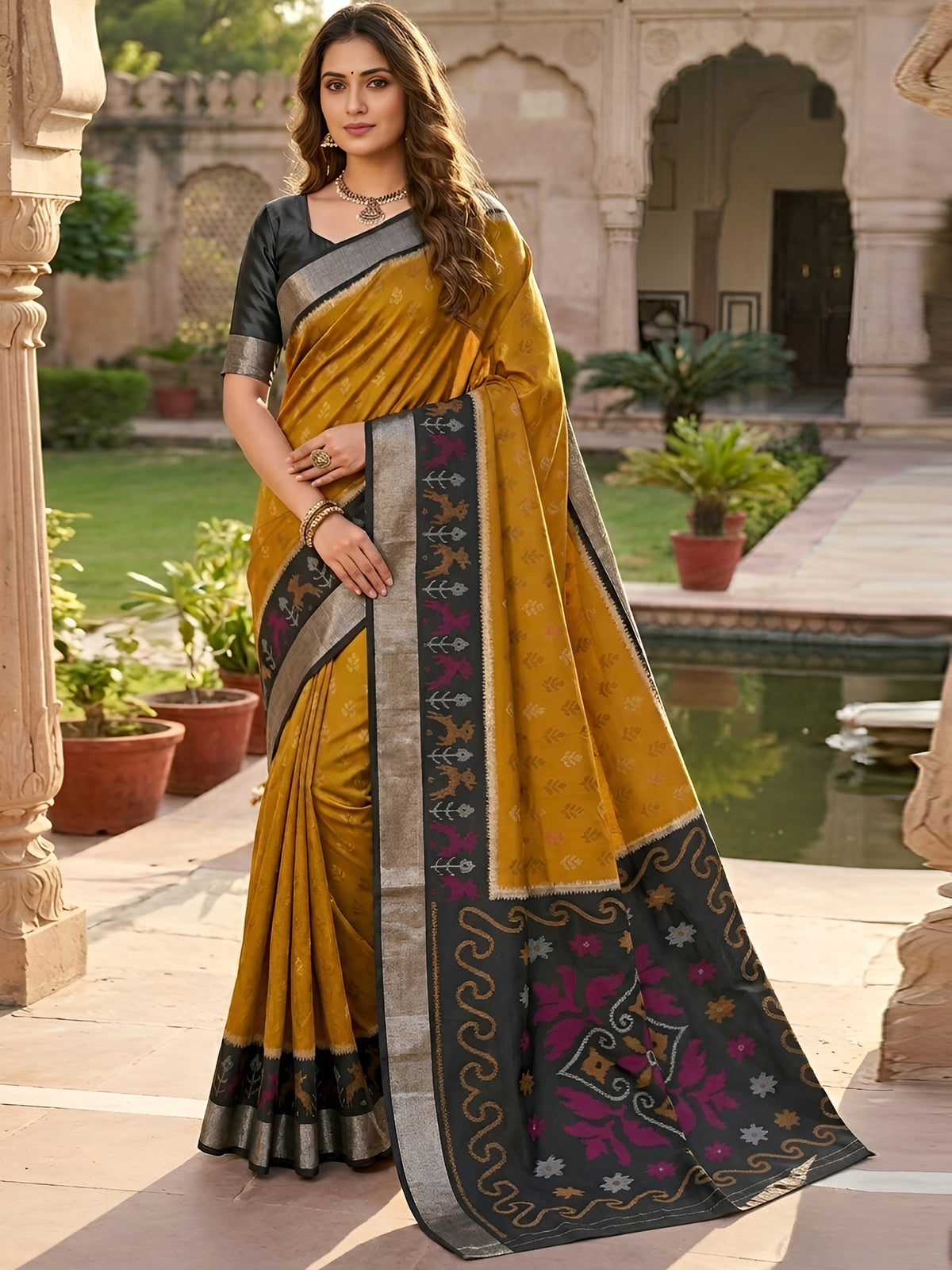 Women's Pochampally Silk Saree With Unstitched Blouse Piece